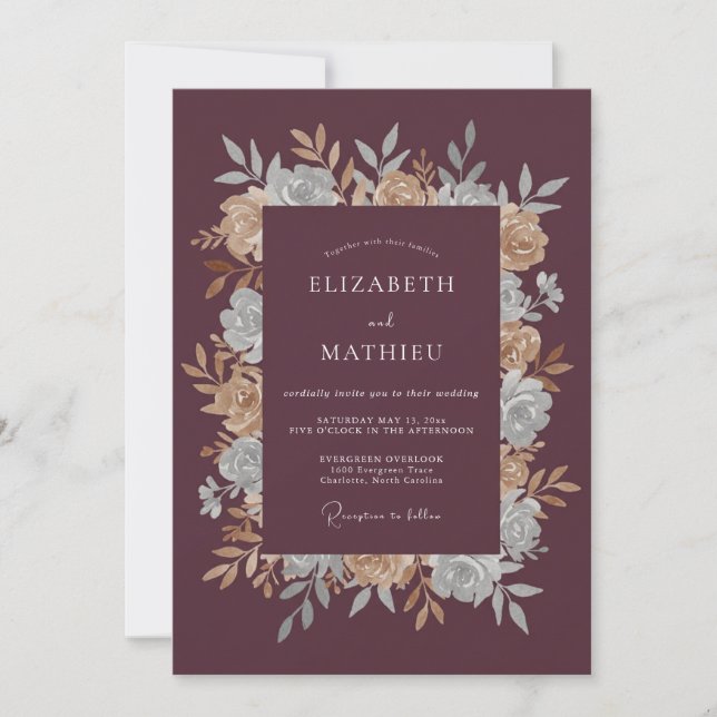 Invitación Boda de peonía champán cálido ciruela (Anverso)