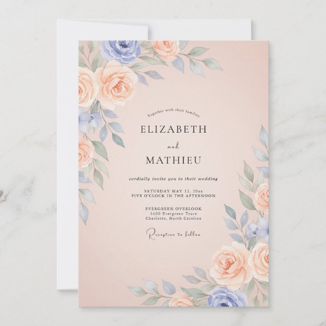 Invitación Boda de Peonía Champán Periwinkle (Anverso)