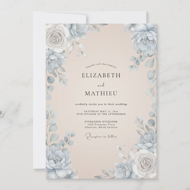 Invitación Boda de Peonía Champán Rubor Pizarra (Anverso)