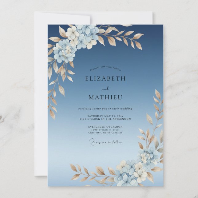 Invitación Boda de peonía champán suave acero (Anverso)