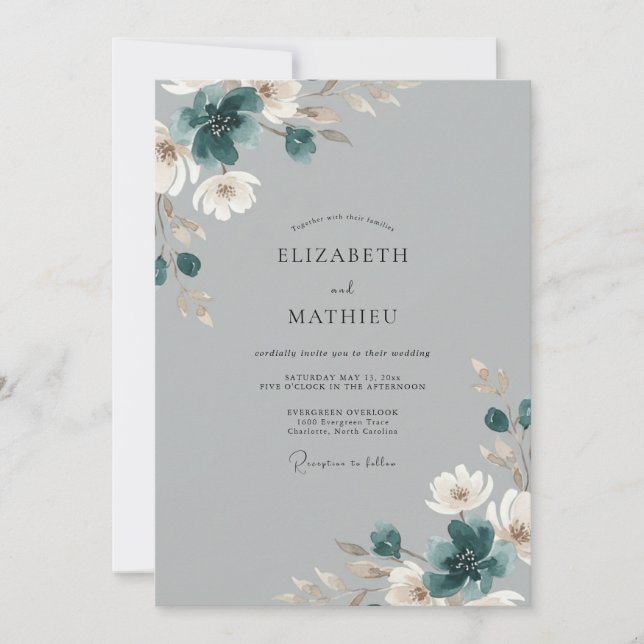 Invitación Boda de Peonía Cian Acero (Anverso)