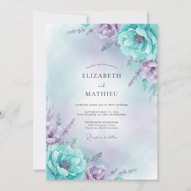 Invitación Boda de Peonía Cian Ametista (Anverso)
