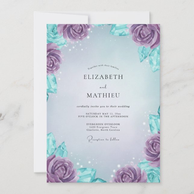 Invitación Boda de Peonía Cian Periwinkle (Anverso)