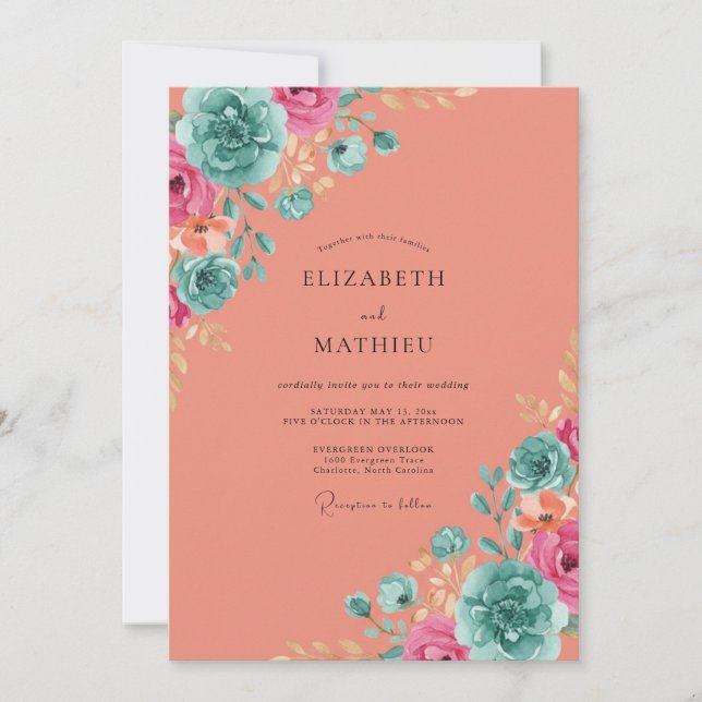 Invitación Boda de peonía cian salmón (Anverso)