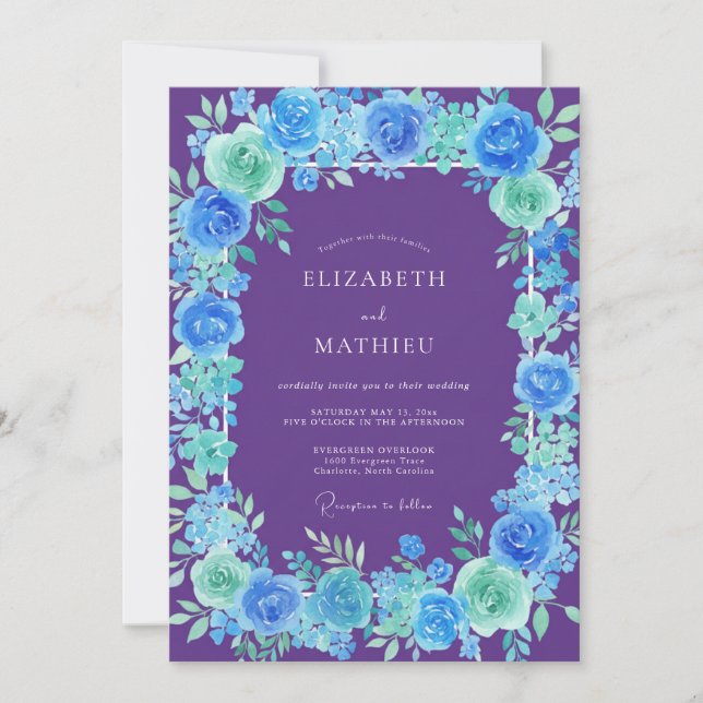 Invitación Boda de Peonía Cian Violeta (Anverso)