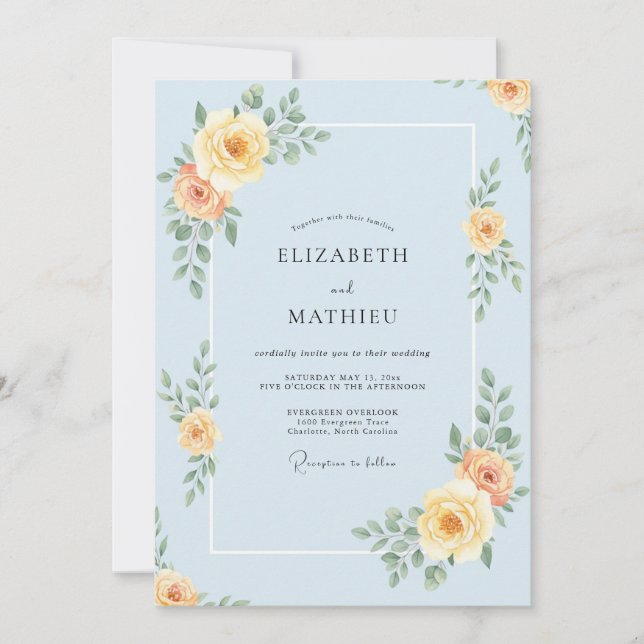 Invitación Boda de peonía cielo en polvo (Anverso)
