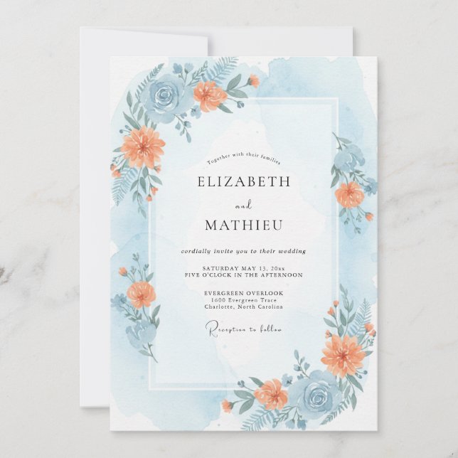 Invitación Boda de Peonía Cielo Melocotón (Anverso)