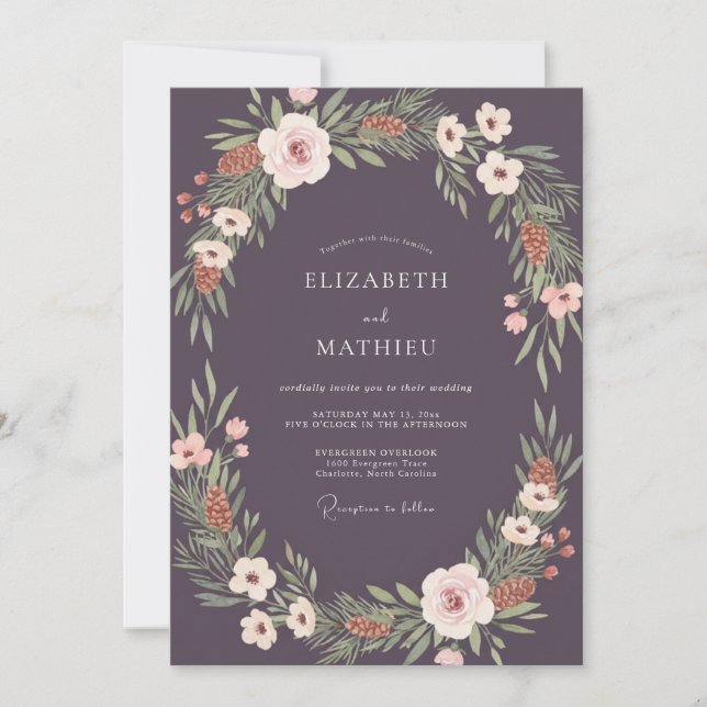 Invitación Boda de peonía ciruela apagada (Anverso)