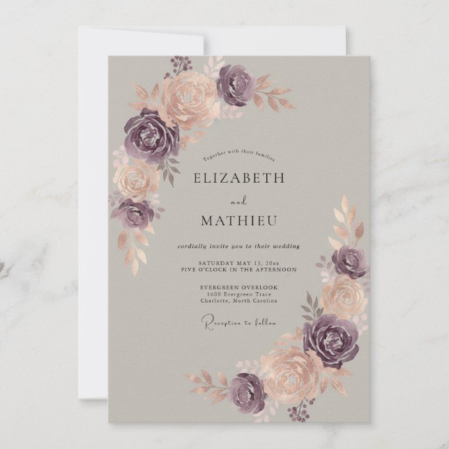 Invitación Boda de peonía ciruela champán (Anverso)