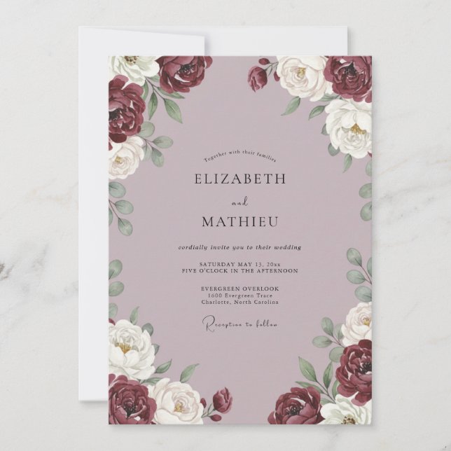 Invitación Boda de Peonía Ciruela Malva (Anverso)
