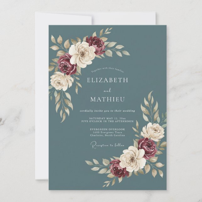 Invitación Boda de peonía ciruela pizarra (Anverso)