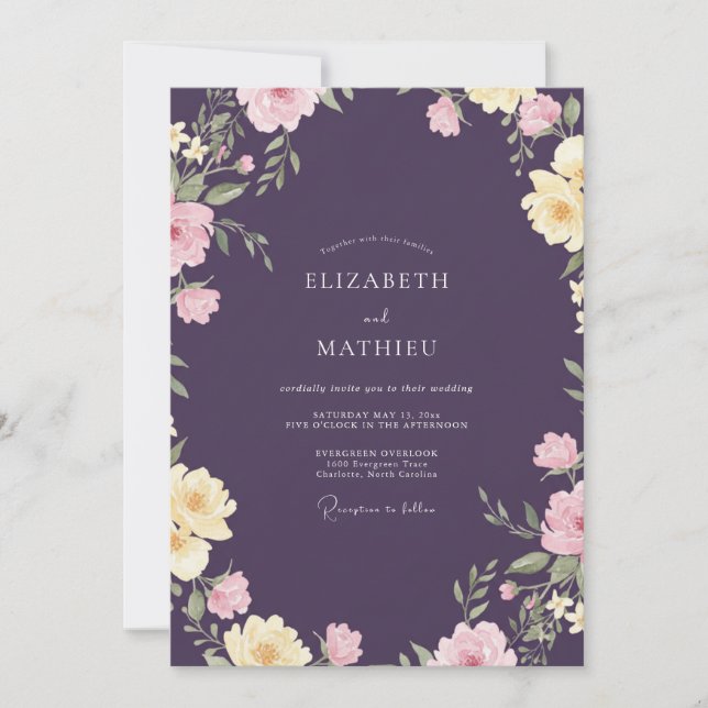 Invitación Boda de peonía ciruela profunda (Anverso)