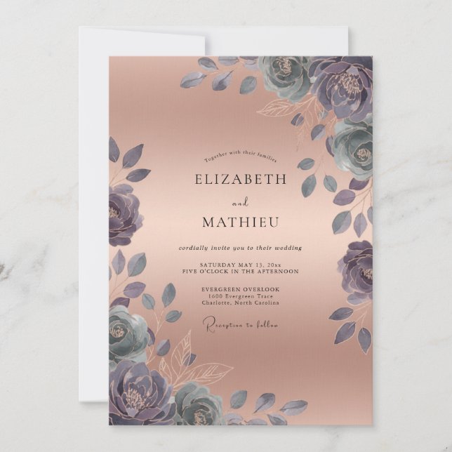 Invitación Boda de peonía cobre malva (Anverso)