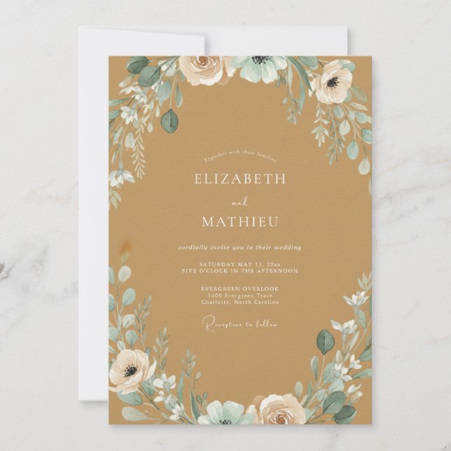 Invitación Boda de Peonía con Bronceado Dorado (Anverso)