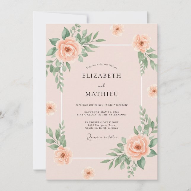 Invitación Boda de peonía con champán caliente (Anverso)