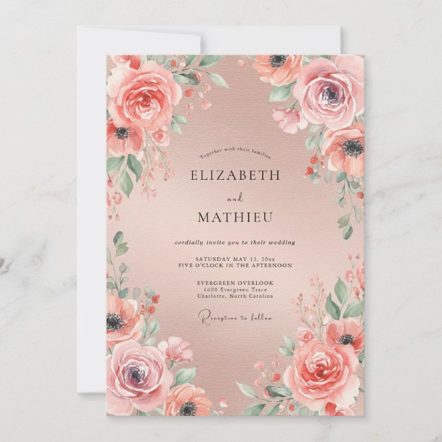 Invitación Boda de peonía con champán rosado (Anverso)