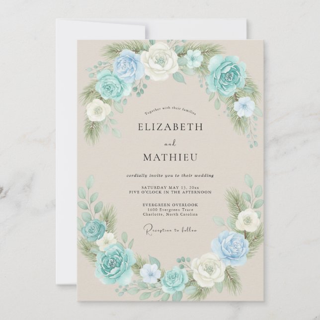Invitación Boda de Peonía con Crema Cálida Acuática (Anverso)