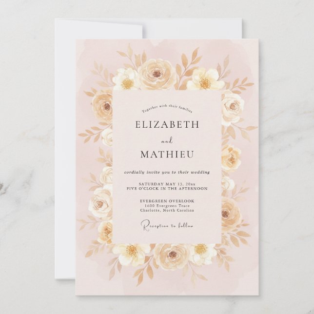 Invitación Boda de peonía con crema de champán (Anverso)