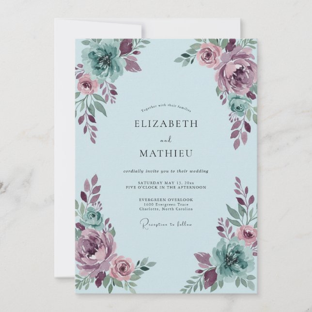 Invitación Boda de peonía con espuma de mar malva (Anverso)