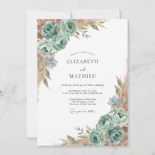 Invitación Boda de peonía con espuma de mar y cobre