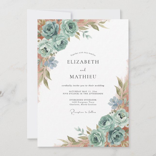 Invitación Boda de peonía con espuma de mar y cobre (Anverso)