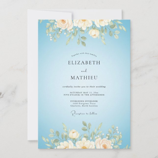 Invitación Boda de Peonía con Mantequilla Celeste (Anverso)
