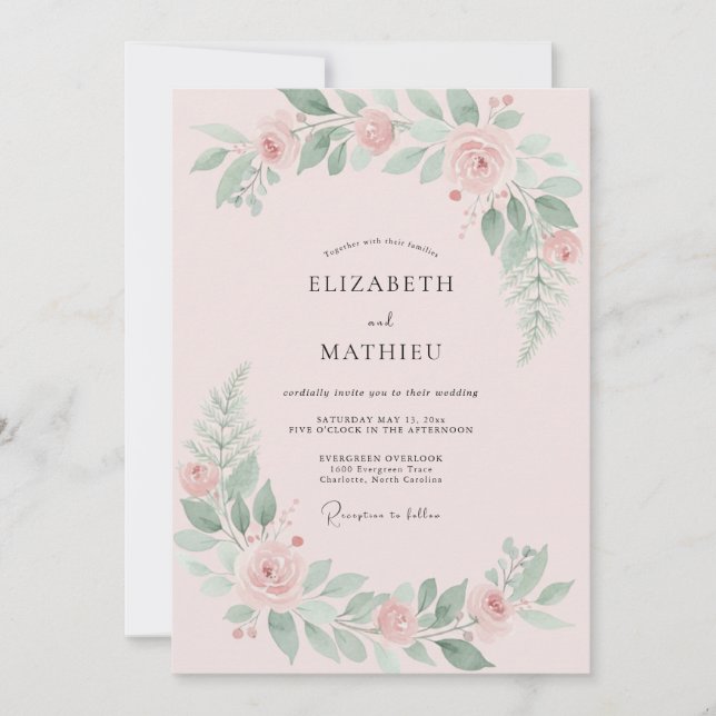 Invitación Boda de peonía con menta rosada (Anverso)