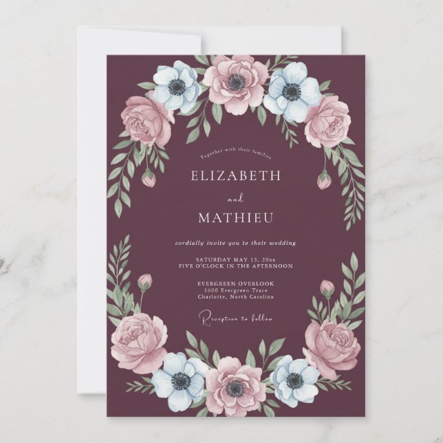 Invitación Boda de peonía con rosa ciruela (Anverso)
