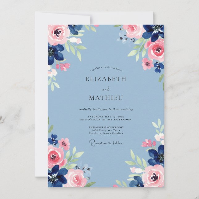 Invitación Boda de peonía con rubor azur (Anverso)