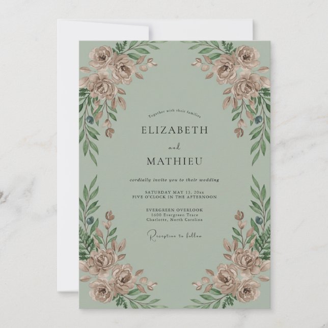 Invitación Boda de Peonía con Rubor Celadón (Anverso)