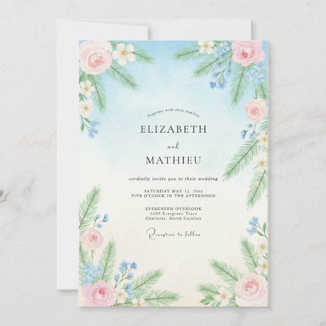 Invitación Boda de peonía con rubor cerúleo (Anverso)