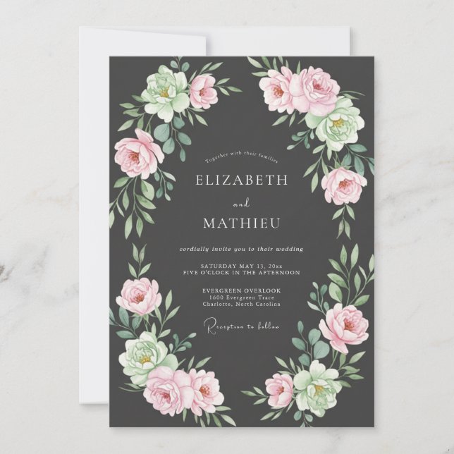 Invitación Boda de peonía con rubor de carbón (Anverso)