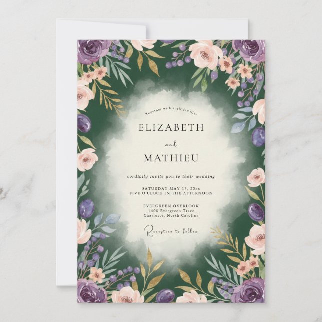 Invitación Boda de Peonía con Rubor de Ciruela (Anverso)