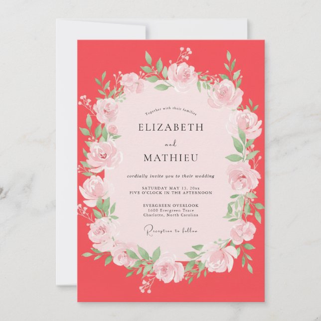 Invitación Boda de peonía con rubor de coral (Anverso)