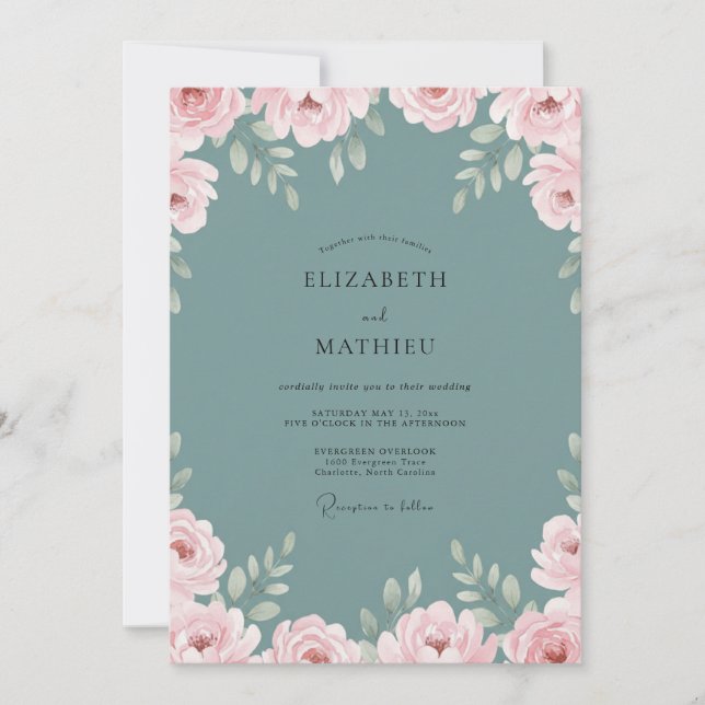 Invitación Boda de Peonía con Rubor de Pizarra (Anverso)