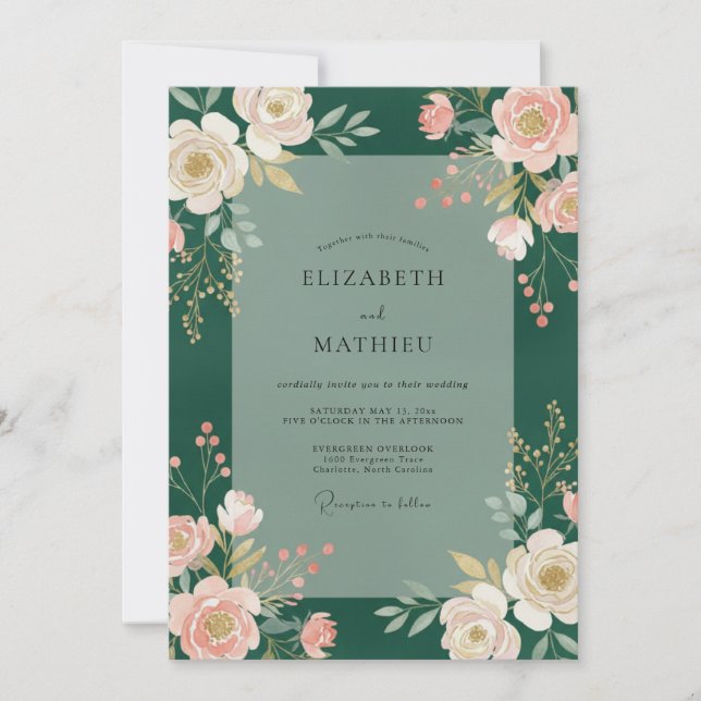 Invitación Boda de peonía con rubor esmeralda (Anverso)