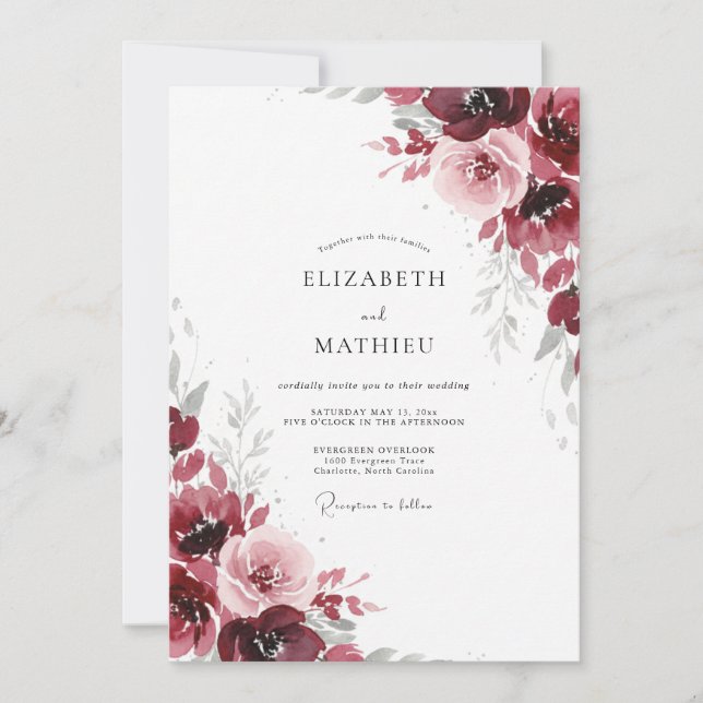 Invitación Boda de peonía con rubor granate (Anverso)