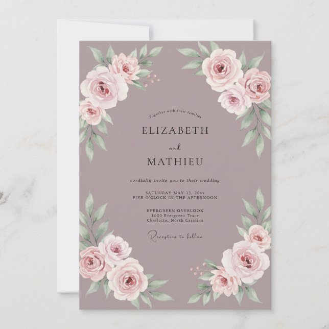 Invitación Boda de peonía con rubor malva (Anverso)