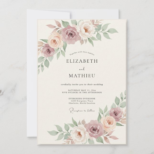 Invitación Boda de Peonía con Rubor Pálido Malva (Anverso)