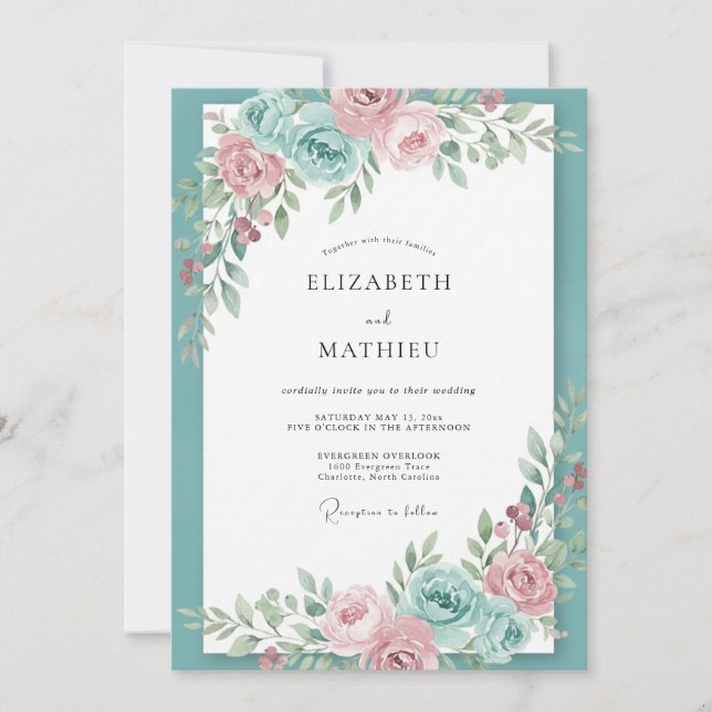 Invitación Boda de Peonía con Rubor Turquesa (Anverso)
