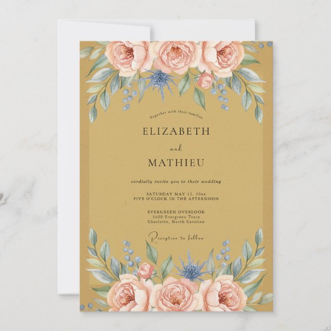 Invitación Boda de Peonía con Rubor y Mostaza (Anverso)