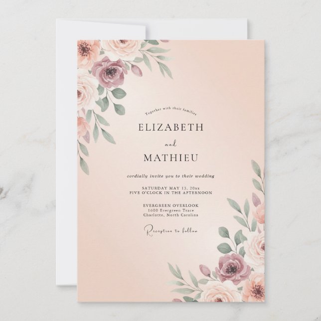 Invitación Boda de peonía con tono malva polvoriento (Anverso)