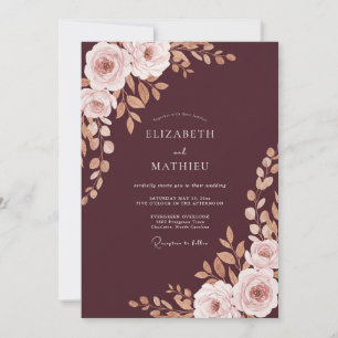 Invitación Boda de peonía con tono rosa y burdeos