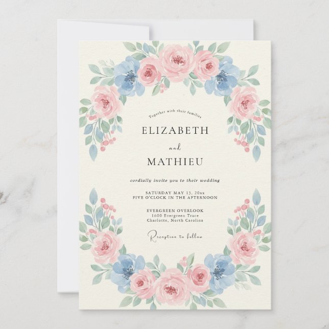 Invitación Boda de peonía con toque celeste (Anverso)