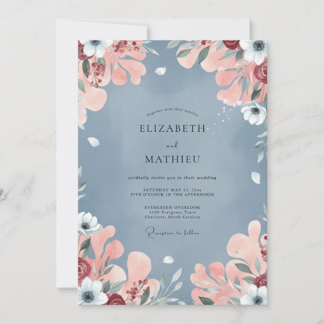 Invitación Boda de peonía con toque de acero (Anverso)