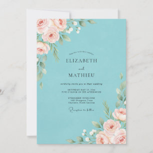 Invitación Boda de peonía con toque de aqua y rubor