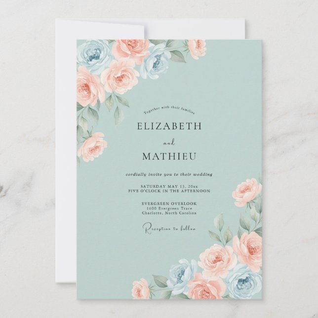 Invitación Boda de peonía con toque de espuma de mar (Anverso)