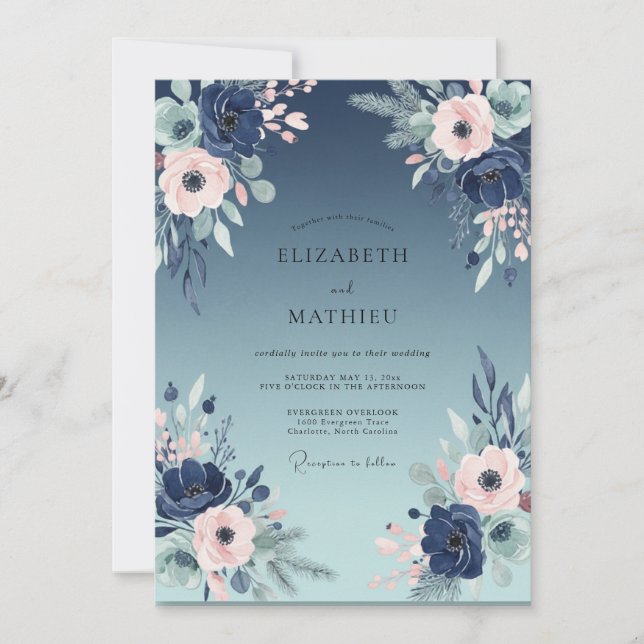 Invitación Boda de peonía con toque de índigo y rubor (Anverso)