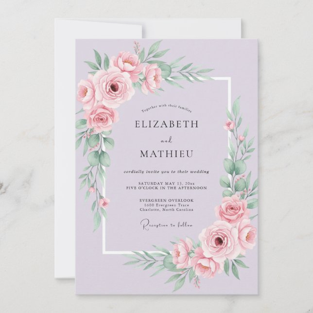 Invitación Boda de Peonía con Toque de Lila (Anverso)