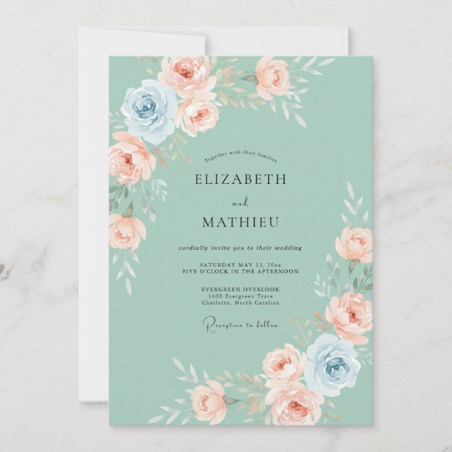 Invitación Boda de peonía con toque de menta rosado (Anverso)